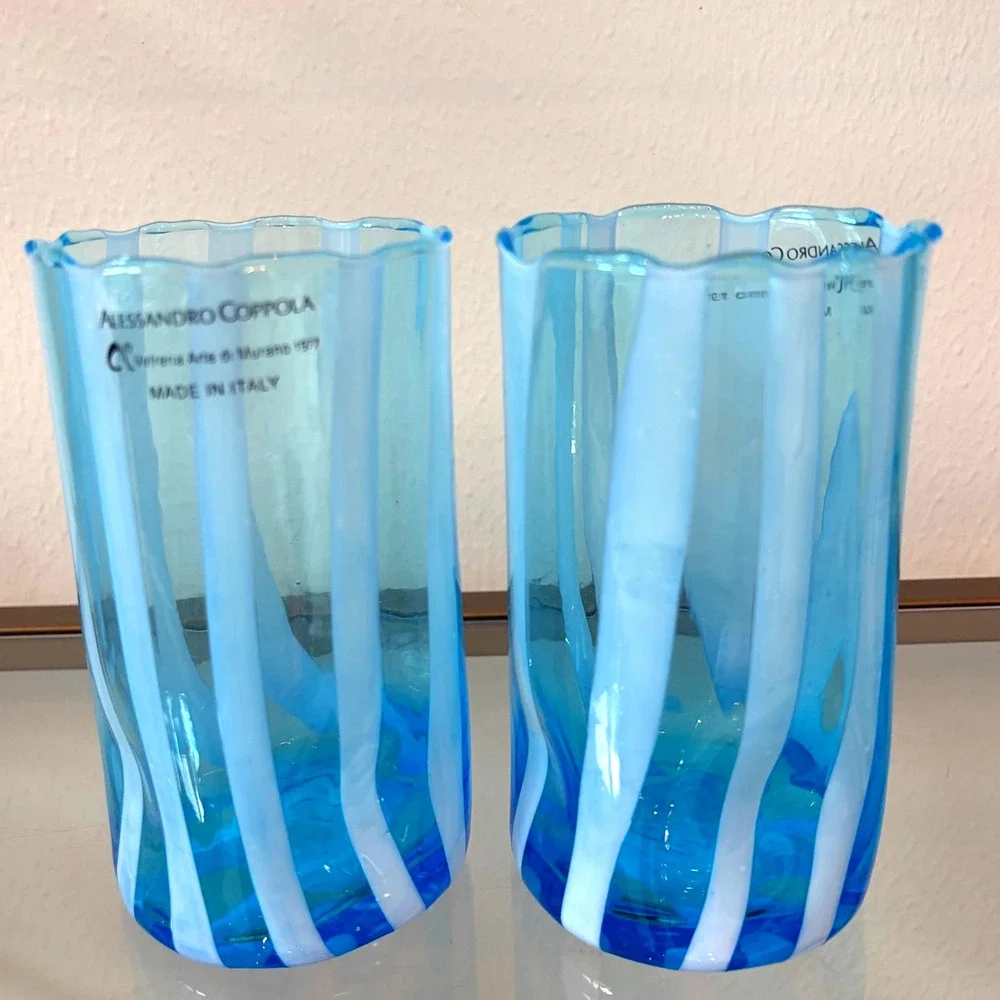 Alessandro Coppola Murano Italy Blue & White Art Glass Tumblers Set of 2 NEW